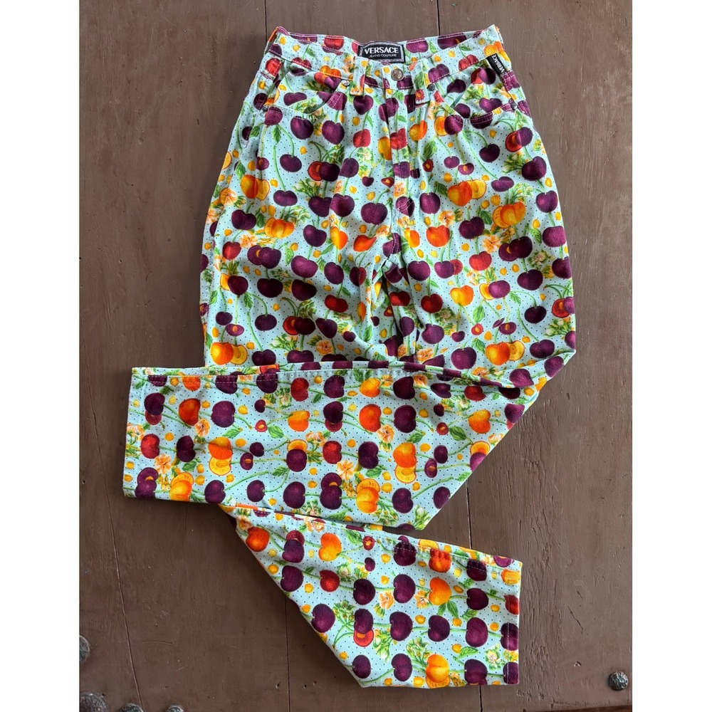 Versace Jeans Couture Vintage Fruit Print Denim Light Blue Cherry Peach 26 40